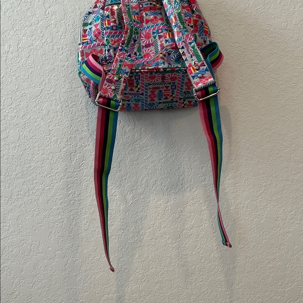 Bari Lynn Geometric Candy Print Shimmer Small Backpack Rainbow Straps - Picture 4 of 7